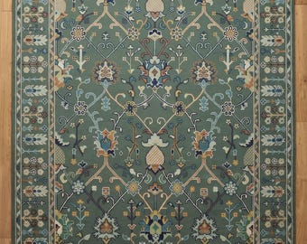 Salviagrön Oushak-matta, handknuten ullmatta med blommönster, orientalisk matta i vintage-stil i turkisk stil för vardagsrum och heminredning