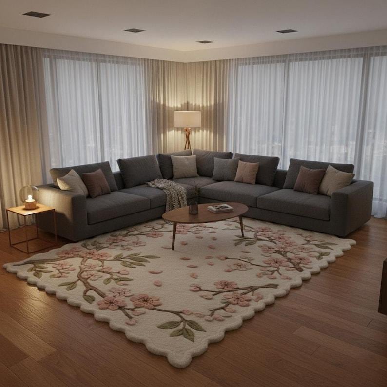 May include: A modern living room featuring a large gray sectional sofa with several throw pillows. A round wooden coffee table sits on a floral rug with pink blossoms. The room has large windows with sheer curtains and a side table with a lamp.