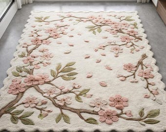 Hand Tufted Floral Rug – Cream Pink Cherry Blossom, Scalloped Edge Area Rug