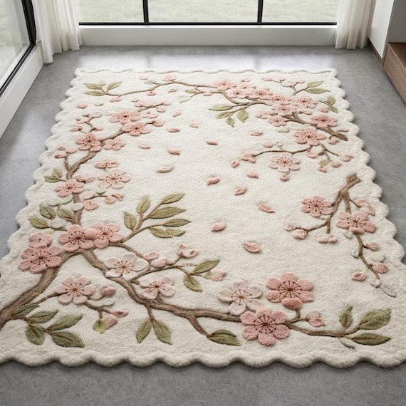 Hand Tufted Floral Rug – Cream Pink Cherry Blossom, Scalloped Edge Area Rug
