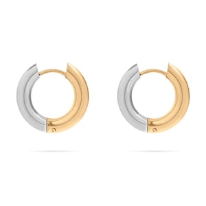 Two-Tone Huggie Hoop Earrings: 18K Gold & Silver Stainless Steel, 19mm