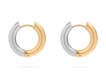 Two-Tone Huggie Hoop Earrings: 18K Gold & Silver Stainless Steel, 19mm