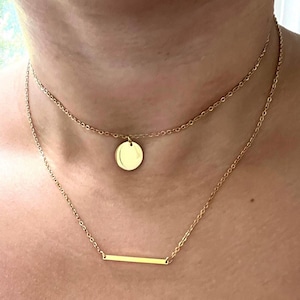 18K Gold Layered Necklace: Waterproof Bar & Disc Pendant, Adjustable