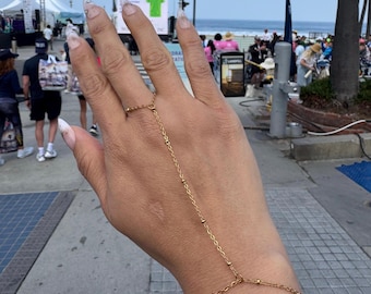 18K Gold PVD Stainless Steel Satellite Bead Hand Chain, Waterproof Gold Ring Bracelet, Minimalist Dainty Hand Jewelry, Boho Festival Jewelry