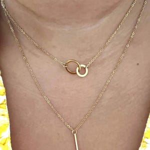 Waterproof 18K Gold Layered Necklace: Circle & Bar Pendants, Adjustable