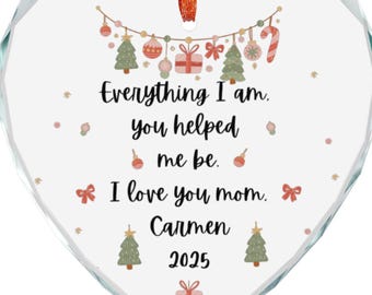 Crystal Glass Ornament, Personalized Mom I Love You Heart Shape, Gift for Mother, Christmas Tree Decoration, Holiday Ornament, Keepsake Gift