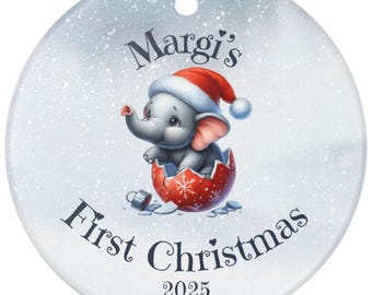 Adorno decorativo de cerámica, elefante bebé personalizado, regalo de primera Navidad para bebé, decoración infantil, recuerdo navideño, regalo para amantes de los elefantes.