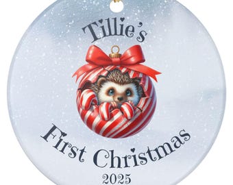 Adorno de cerámica, primera Navidad del bebé con erizo bebé, decoración para habitación infantil, regalo de Navidad, recuerdo navideño, adorno personalizado