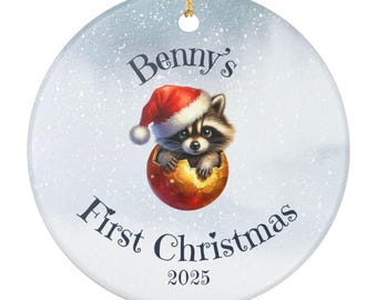 Adorno de cerámica, Primera pregunta del bebé, Mapache bebé, Regalo personalizado, Decoración infantil, Decoración navideña