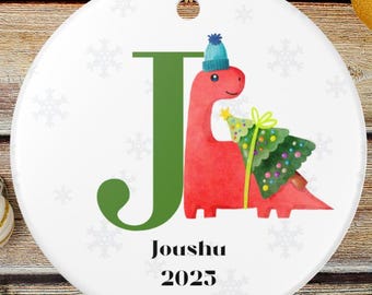 Ceramic Ornament, Personalized Dino Letter Decoration, Custom Christmas Tree Bauble, Holiday Gift, Festive Keepsake, Home Decor Accent