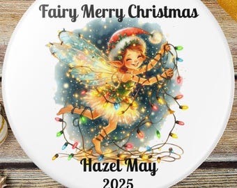 Ceramic Ornament, Fairy Merry Christmas Personalized Decoration, Holiday Gift, Tree Decor, Xmas Present, Custom Name Bauble