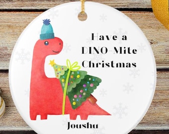 Christmas Dinosaur Ceramic Decoration Ornament, Personalized Dino-mite Holiday Ornament, Tree Decor, Gift Idea, Keepsake, Christmas Decor