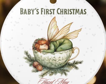 Ceramic Ornament, baby's first christmas fairy girl in tea cup decoration. Great for holiday and baby shower gift, Christmas tree decor,