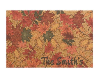 Felpudo personalizado con hojas de otoño: alfombra de entrada otoñal personalizada, felpudo de bienvenida único para exteriores, alfombra decorativa de temporada, regalo de inauguración de la casa.