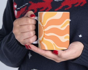 Taza de cerámica con rayas onduladas estilo retro / Taza de cerámica naranja y amarilla