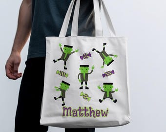 Bolsa de Halloween con dulces de monstruo, bolsa de Frankenstein para truco o trato, bolsa de Halloween personalizada para niños, bolsa de Halloween personalizada