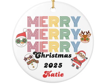 Adorno de cerámica, decoración personalizada retro de Feliz Navidad, decoración navideña, regalo de Navidad, adorno para árbol, adorno vintage