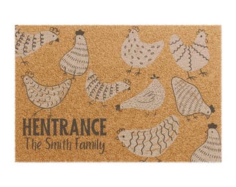 Felpudo con ilustración de gallinas / Felpudo de fibra de coco personalizado para la entrada familiar