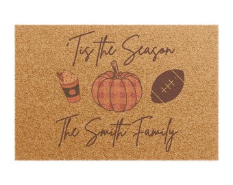 Felpudo personalizado con nombre familiar para la temporada de fútbol de otoño, felpudo de bienvenida de otoño, regalo de inauguración de la casa, alfombra para puerta de entrada al aire libre, Acción de Gracias