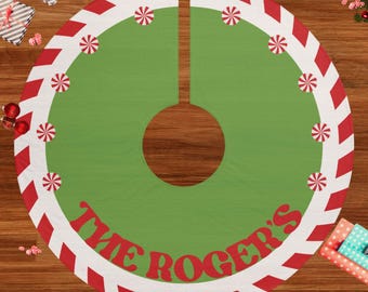 Falda de árbol de menta personalizada: decoración navideña, falda de árbol de Navidad personalizada, cubierta festiva para árbol, regalo navideño, árbol rojo y blanco