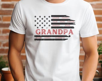 Personalized Distressed Flag Shirt, Flag Shirt with Kids Name, Fathers Day Gift for Grandpa from Grandkids, Grandpa 4th Of July Shirt