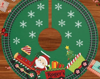 Faldas de árbol de Navidad personalizadas: camisa de árbol con nombre y tren navideño con Papá Noel, decoración navideña, regalo de Navidad, decoración festiva para el hogar.