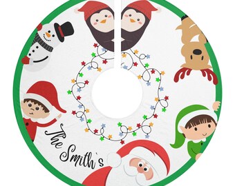 Falda para árbol de Navidad, decoración navideña personalizada de Papá Noel, elfo y reno, adorno festivo, regalo de temporada, rojo, verde y blanco.