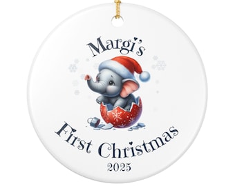 Adorno de cerámica, elefante bebé personalizado, decoración navideña, nombre personalizado, adorno para árbol de Navidad, primer cumpleaños del bebé