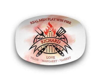 Real Men Play with Fire Platter Personalized BBQ Platter, Custom Grill Gift for Dad or Grandpa, Father's Day Gift, Custom Name Plate