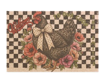 Felpudo de bienvenida a cuadros con gallo / Felpudo de fibra de coco con estampado floral de estilo rústico