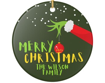 Merry Christmas Grinch Ornament Keramisch Ornament | Gepersonaliseerde familienaam