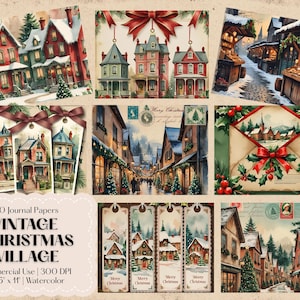 Vintage Christmas Village - Junk Journal Papers - Classic Holiday Scenery - Traditional Christmas Color - Holiday Winter Village - Printable
