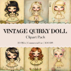 Vintage Quirky Doll Clipart - Whimsical Antique Baby Doll - Cute Girl Dolls - Watercolor Yellow - Tea Party Birthday Decor - Junk Journal