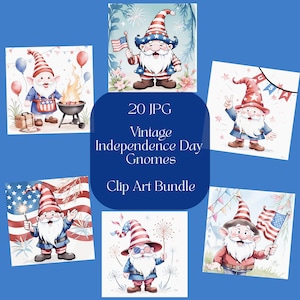 Lot de 20 cliparts gnomes de la fête de l'indépendance vintage 4 juillet mignon patriotique Etats-Unis amusant haute résolution JPG Junk Journal Scrapbook POD produits imprimable