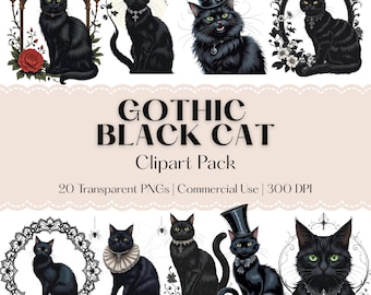 Mysterious Gothic Black Cat Clipart - Victorian Halloween Decor - Dark Fantasy Cat Illustrations - Wiccan Magic and Altars - Goth Lovers