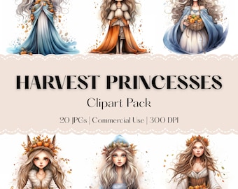 Harvest Princess Clipart Set: Autumn Watercolor JPGs - Fall Illustration - Commercial Use - Instant Download - Junk Journal - POD - Wall Art