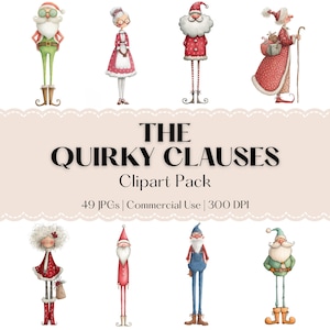 Quirky Santa & Fru Claus Clipart-samling - 49 nyckfulla akvarell-JPG-bilder för jul - Kommersiellt bruk