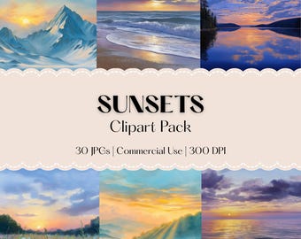 Conjunto de imágenes prediseñadas de puesta de sol: 30 ilustraciones JPG de paisajes en acuarela: montañas nevadas, lagos al anochecer, playas y campos de flores silvestres.