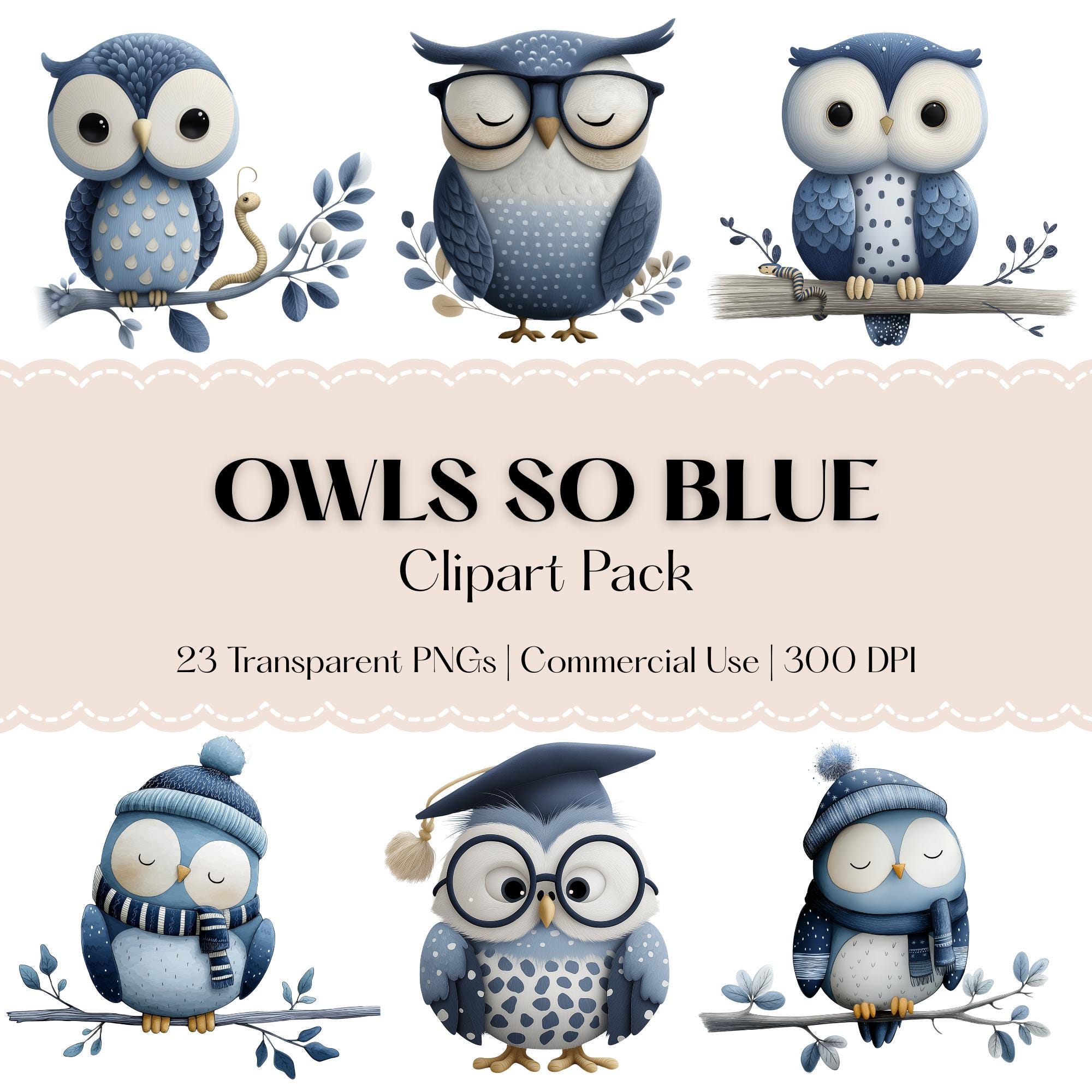 Charming Blue Owls Nursery/Kids Clipart - Watercolor PNGs Transparent Backgrounds - Cute Whimsical D