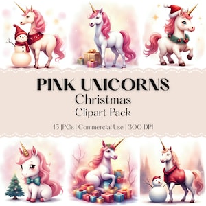 Pink Unicorns Clipart Set - Watercolor Pastel JPGs - Christmas Illustrations - Instant Digital Download - Commercial Use - Printable