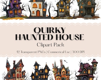 Quirky Haunted House - Spooky Halloween Home - Creepy Fall Watercolor JPG - Junk Journal Party Decor Classroom Art - Commercial Use