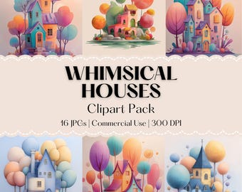 Whimsical House Clipart Set - 16 Pastel Watercolor JPGs for Creative Projects - Printable - Instant Download