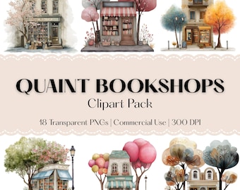 水彩画風書店クリップアートセット：居心地の良い村の書店 PNG（デジタルプリント、商用利用可）