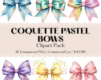 Clipart z pastelowymi kokardkami Coquette - Dziewczęce tęczowe wstążki akwarelowe PNG - Użytek komercyjny - Natychmiastowe pobranie
