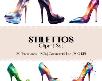 Chic Stilettos Clipart Set - 29 Stylish Watercolor PNG Illustrations - Girly Fashion Images