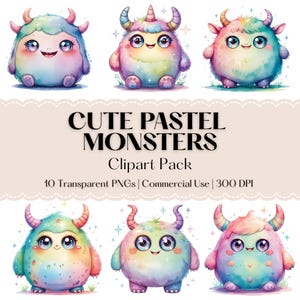 Pastel Monster Clipart Set: 10 Rainbow Watercolor PNG Illustrations (Digital Download, Commercial Use)