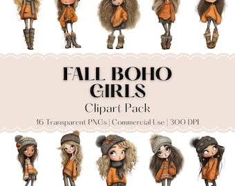 Boho Girls in Fall Fashion Clipart - Watercolor PNG for Autumn - Commercial Use