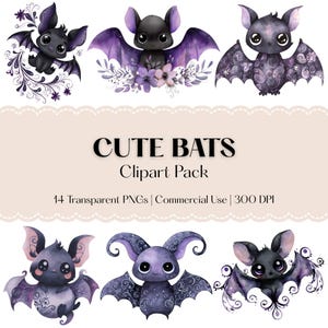 May include: A selection of watercolour illustrations of adorable bats in different poses. The bats are mainly black and purple, with large eyes and decorative wing patterns. The text "CUTE BATS Clipart Pack" is displayed.