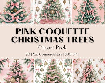 Clipart di alberi di Natale rosa - Ciondolo vintage per le vacanze - Illustrazione ad acquerello femminile - Immagine digitale festiva - JPG pastello chic