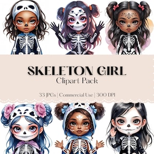 Pode incluir: Um pacote de clip art digital com seis ilustrações de meninas vestidas de esqueletos. Cada menina tem um rosto de caveira pintado e usa uma fantasia com um design de esqueleto. O texto "SKELETON GIRL Clipart Pack" é exibido abaixo.